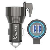 Quick Charge 2.0 Car Charger, CHGeek Dual Port USB Car Charger Aluminum Zinc Safety Car Charger with Window Hammer and Belt Cutter 36W 12V/24V Universal Power Adapter for iPhone and Android, Gray
