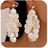 Missgrace Women Summer Rhinestone Earrings Dangling Sparkly Dangle Long Earrings Imitation Shell Chandelier Earrings Tassel Large Ear Hook Statement Earrings for Women