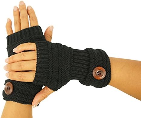 Fashion Women's Fingerless Knitted Winter Gloves with Button (Black)