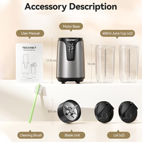 TECKNET Personal Blender Smoothie Maker, 1000W Powerful 25,000PRM, Blends Fruit & Vegetables, 2x600ml Portable Travel Cups with Spout Lids & Handled Ring, Makes Smoothies & Juice, Grey