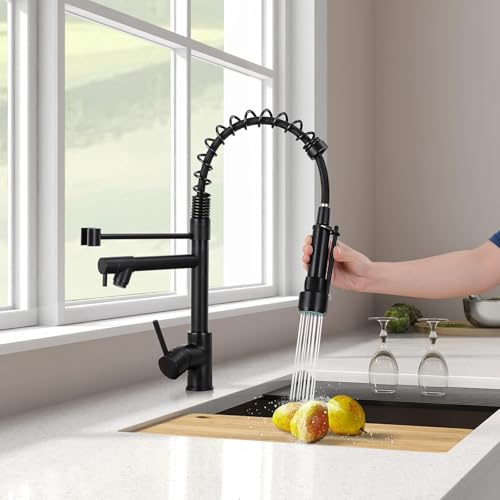 GIFTQOOL Spring Kitchen Faucet with Pull Down Sprayer, Dual Function Pot Filler Faucet, High Arc Commercial Kitchen Sink Faucet, Matte Black, Single Handle, 1 Hole Installation