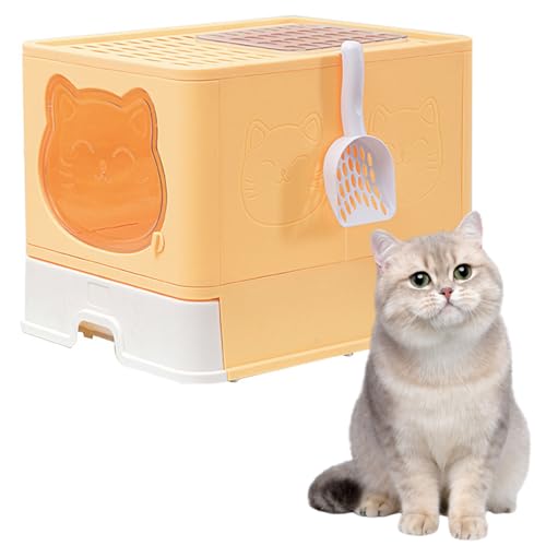 Wallfire 猫 トイレ 猫用トイレ本体 ネコトイレ 大容量 大型 2way出入り方法 砂の飛び散り防止 掃除簡単 脱臭抗菌 スコップ付き フルカバー 折りたたみ 組み立てしやすい 引き出し付き おしゃれ 人気 (イエロー)