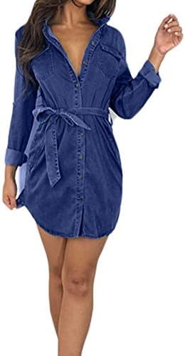 Hujukuludusu Women's Sexy Dress V-Neck Long Sleeve Denim Party A-line Skirt Dress