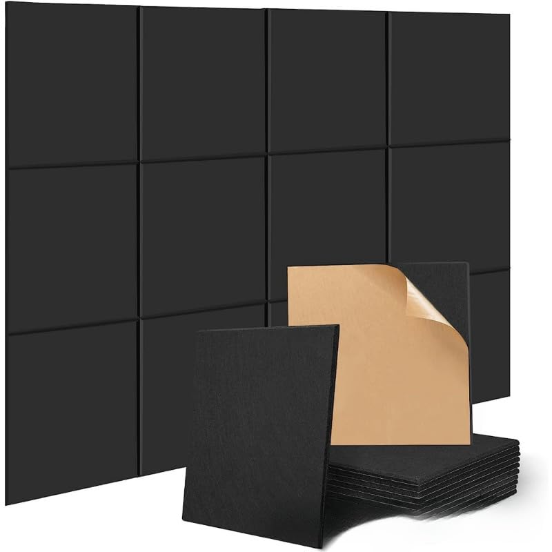 Jorunb Acoustic Wall Panel Self-Adhesive, 12 Pack 12" X 10" X 0.4"High Density Sound Proof Padding, Hexagon Sound proof Insulation Beveled Edge Wall Tiles (square black)