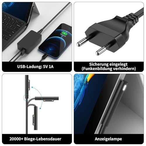 Surface Charging Cable 65 W Microsoft Surface Charger Power Supply for Surface Pro 11/10/9/8/7+/7/6/5/4/3/X, Windows Surface Laptop 7/6/5/4/3/2 Studio i5, Surface Go 4/3/2 Tablet, Surface Book 3/2/1, with USB