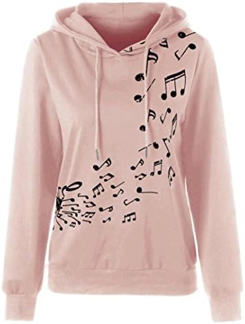Albatron Womens Long Sleeve Jumper Pullover Blouse Hoodie Musical Note Print Hooded Sweatshirt (L, Pink)