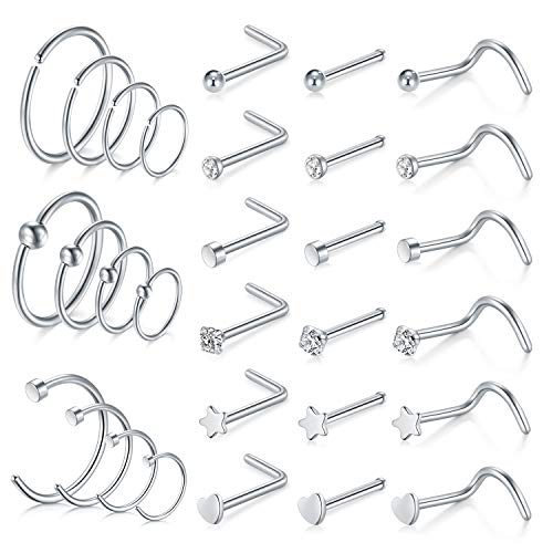 MODRSA Anillos para la nariz Aro 20g en forma de L Espárragos para la nariz Tornillo Anillo para el tabique Acero inoxidable quirúrgico Ópalo Forma de C Joyas para piercing de nariz alta Paquete de plata