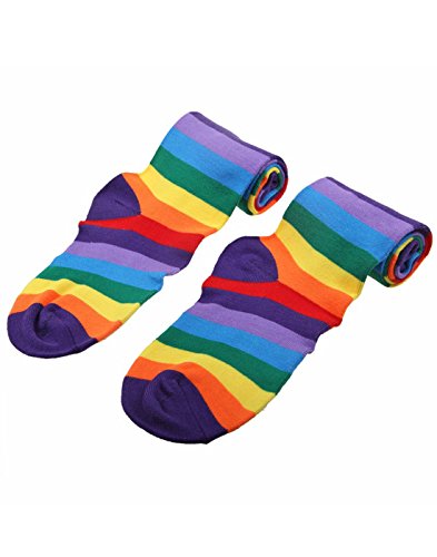 Womans Rainbow Stripe Knee Thigh High Socks and Long Arm Warmer Fingerless Gloves for Man Kids (SET A)