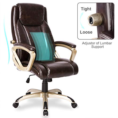 PU Leather Executive Office Chair Desk Task Computer Chair Swivel High Back Chair with Ergonomic Adjustable Lumbar Support Brown