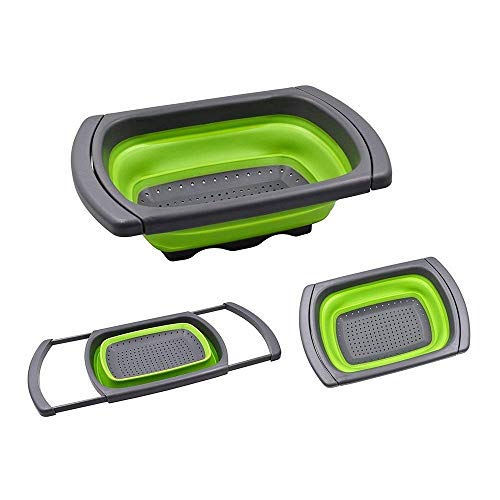 DenSan Collapsible Sink Vegetable/Fruit Colander Extendable Handles-Folding Strainer for Kitchen(Green),