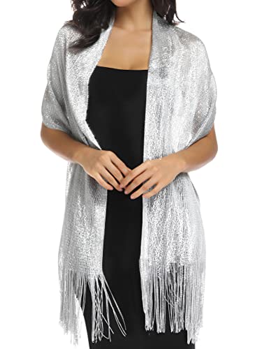 Rheane Silver Shawls and Wraps for Evening Dresses Shawls and Wraps for Weddings Silver Shawls and Wraps for Evening Dresses Wedding Shawl Fall (Silver with Silver Glitter)