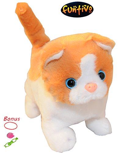FUNTIVO Walking Cat with Sound and Super-Soft Fur, Batteries Operated Puppies Toy (Batteries not Included) Colors May Vary, 6''