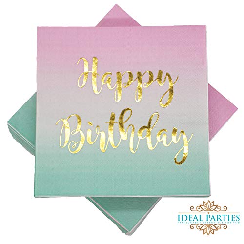 100 Count Happy Birthday Napkins 3 Ply Pink to Teal Ombre Luncheon Napkin with Metallic Gold Foil for Dinner Celebration Party Favor Supplies Decorations by Ideal Parties!