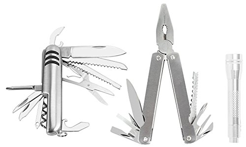 Click Here to See More Images Three Piece Tool Set - Multitool, Pocket Knife, Flashlight - Features Knives, Pliers, Saws, Screwdrivers, Bottle and Can Opener, Scissors, Corkscrew and More!