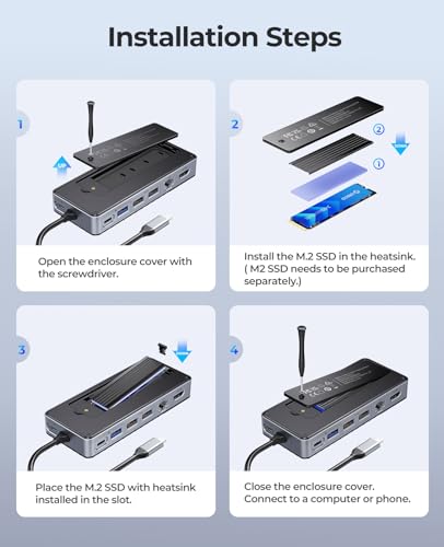 ORICO 8 in 1 USB C Docking Station with M.2 SSD Enclosure, USB C Hub for M.2 NVMe/SATA SSD, 10Gbps, 4K@60Hz HDMI, 100W PD, Ethernet, Cable Length 15cm - OM28PR