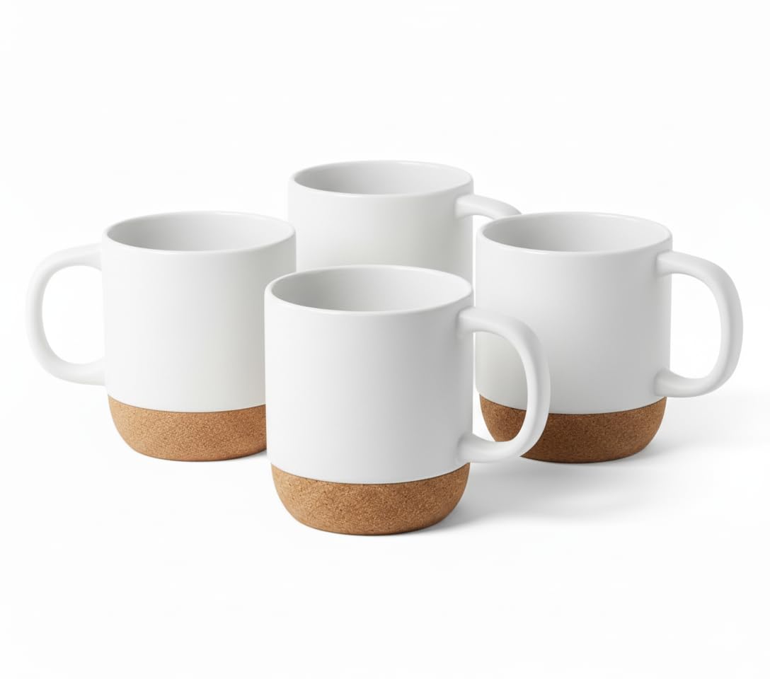 FUN FAN LINE - Pack of Large Ceramic Coffee Mugs | Tall Black and White Mugs with Cork Base | Set of Modern Mugs for Breakfast and Tea | Perfect for Couples and Friends (White, 4)