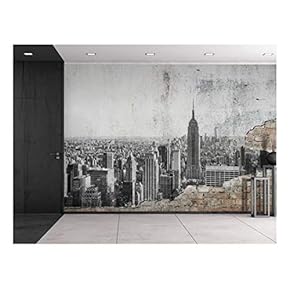 Grayscale Photo of New York City on a Brick Wall - Wall Mural, Removable Sticker, Home Decor - 66x96 inches