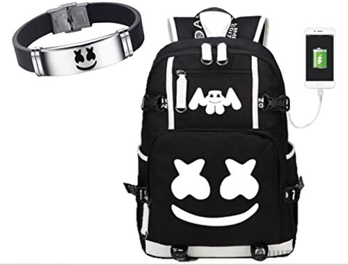 Teaspen Marshmello Luminous USB Charging Port Backpack Black Oxford Cloth Bag Includes Free Bracelet (Black)