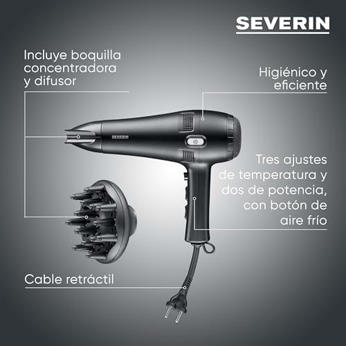 Secador de pelo, secador potente, enrollador automático del cable con solo pulsar un botón, con botón de aire frío, dos accesorios adicionales, 2100 W, negro, HT 0165