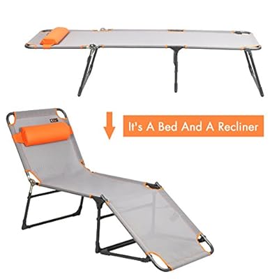 PORTAL Adjustable Folding Reclining Lounger, Set Up Size: 76" (L) X 25" (W) X 15.75" (H), Grey, Orange 41edjUG5VoL