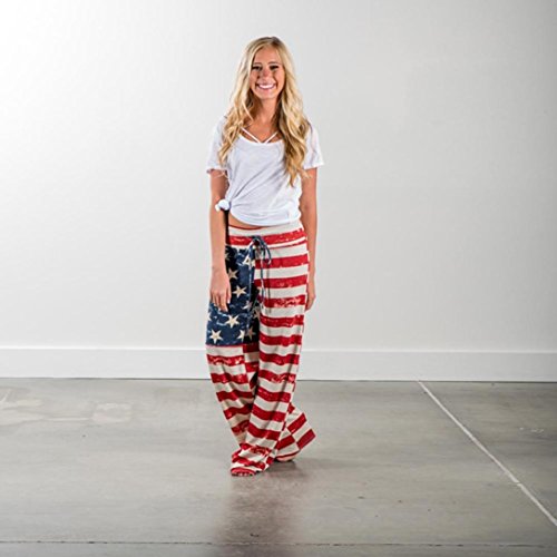 Women Pants Neartime Print Loose Casual Pants American Flag Drawstring Wide Leggings (XL, Multicolor) - Thumbnail 3