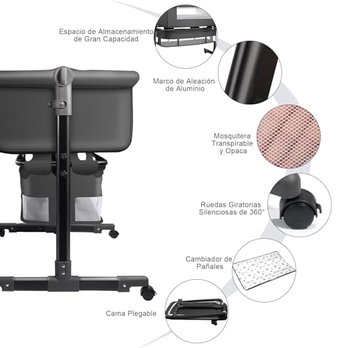 LICBOX Cuna Colecho, Catres con Cesta de Almacenamiento Grande, Mesas de Pañales, Colchones, Mosquiteras, Ruedas Giratorias de 360 Grado, Altura Ajustable, Cuna Portatil Bebe Fácil de Monta