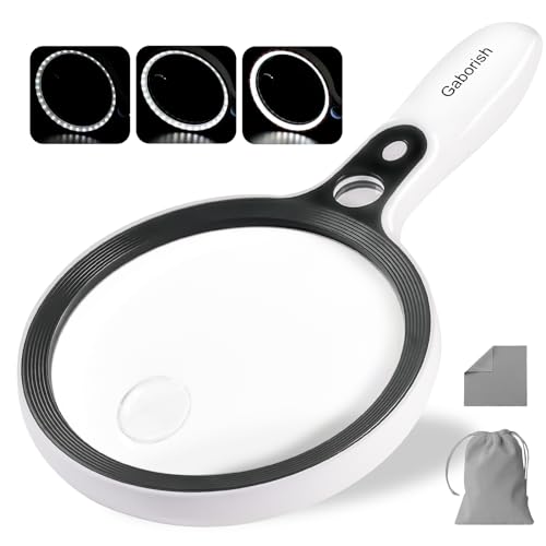 Large Magnifying Glass with 37 LED Light, 10X 20X 45X Reading Magnifier Handheld Magnifier with 3 Light Modes, Storage Bag, Cleaning Cloth for Seniors, for Reading Coins, Inspection, Hobbies