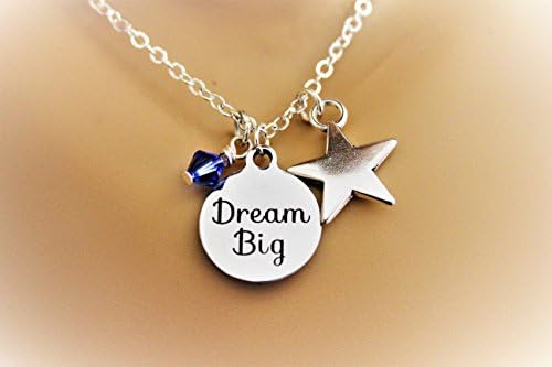 Dream Big Laser Engraved Necklace With Silver Star Charm &amp; Swarovski Birthstone Crystal, Graduation or Motivation Necklace