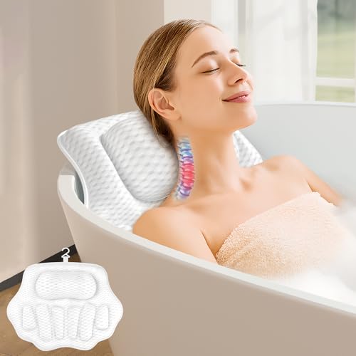 Bath Pillows for Tub, Ergonomic Bathtub Pillow for Head & Neck Relaxation, 4D Air Mesh Bath Cushion with 6 Non-Slip Suction Cups, Fits All Bathtubs (White)