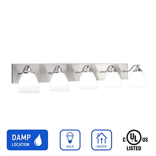 OSTWIN 5-Light Bath Bar Light Up or Down, Interior Bathroom Vanity Wall Lighting Fixture VF42, 5x60 Watt E26 Socket, Satin Nickel Finish with Opal Oval Cone Glass Shade, UL Listed