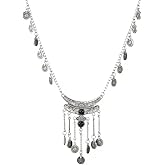 Cykdohy Bohemian Indian Engraved Coin Tassel Ancient Silver Collar Necklace for Women Retro Ethnic Black Gemstone Coins Pendant Tribal Vintage Choker Statement Boho Gypsy Costume Accessories