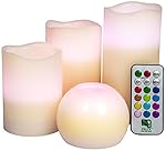 4 Pack Flameless Candles, Flickering Battery Powered LED Includes Bonus Moon Votive, Realistic Dripless Faux Set for Seasonal, Weddings, Centrepieces and Decor, Remote Control with 12 Color and Timer