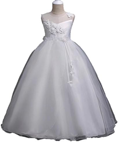 ZaH Big Girl Dress Lace Party Wedding Shawl Full Length Long Dresses 5-13Years(White,7-8Y)