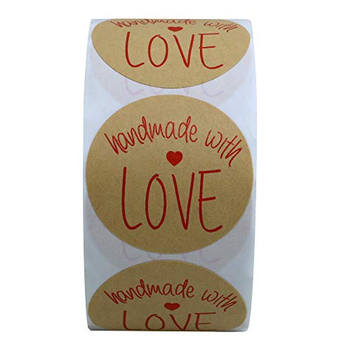 Hybsk Kraft Handmade with Love Stickers with Black Font 1.5" Inch Round Total 500 Labels Per Roll (Type 2)