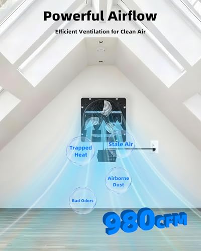 Ehiair 12 Inch Upgraded Shutter Exhaust Fan with Thermostat & Remote Control, Automatic On/Off by Temperature, 980 CFM Wall Mounted Garage Fan for Attic, Greenhouses, Sheds, Chicken Coops & Shops