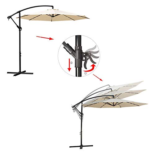 Ediors 10ft Deluxe Solar Power Outdoor Patio Umbrella - Offset Cantilever Sun Umbrella, Hanging Shade Umbrella w/32 LED Lights | Crank Lift System | Cross Base (10ft with 32 LED, White)