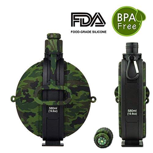 Ollion Foldable Bottle with Compass Canteen BPA Free for Hiking Camping Outdoor (Camouflage