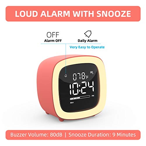 Kids Alarm Clock, Cute-TV Night Light Alarm Clock for Kids, Girls, Children, Bedroom, Rechargeable Battery Operated Alarm Clock with Sleep Timer, Indoor Thermometer - Living Coral - Thumbnail 4