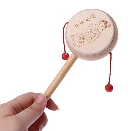 Junlinto Wood Cartoon Chinese Traditional Spinning Rattle Drum Hand Bell Baby Musical Toy - Thumbnail 2
