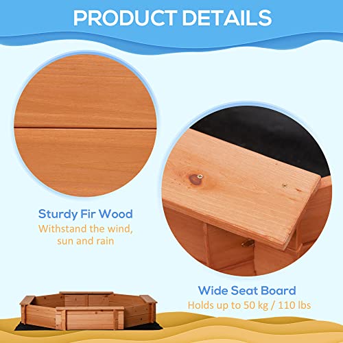 Outsunny Kids Sandbox with Cover, Octagon Wooden Sand Box with Seat, Outdoor Children Sand Pit for Backyard, Garden, Beach, 55" x 55" x 8.5", for Ages 3-8