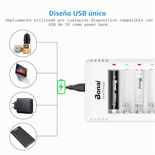 BONAI Rechargeable Ni-MH Battery Charger with 4 Pieces 2800mAh AA and 4 Pieces 1100mAh AAA Ni-MH Rechargeable Batteries with USB Port