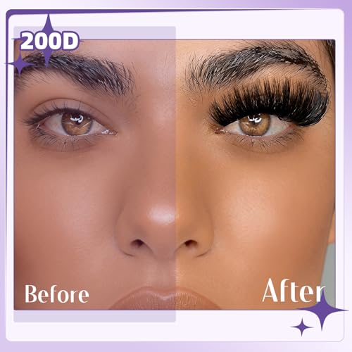 B&Q Fluffy Lash Clusters Thick 200D, Volume Eyelash Clusters 10-18mm, D Curl Cluster Eyelash Extensions, Supersoft Individual Lashes Wispy Cluster Lashes Dramatic Full Look Eyelash（200D）
