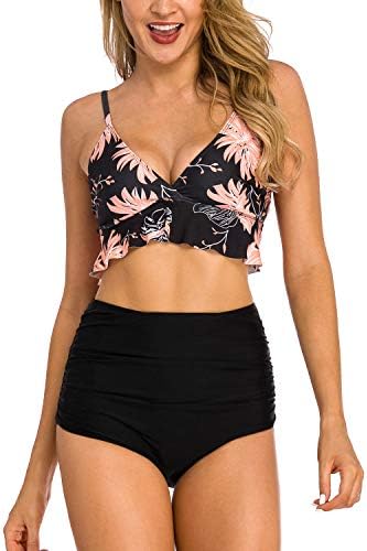 Coskaka Women Two Pieces High Waisted Ruffle Bikini Set Printed Swimwear Bathing Suit Junior Bikini Swimsuits for Teen Girls