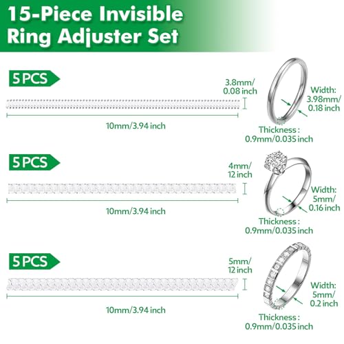 Anpro Ring Sizer Adjusters for Loose Rings - 15-Pack Multiple Styles, Invisible Spacer Guards & Tighteners for Women, Fits Almost Any Ring