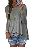 POGT Women's Long Sleeve Loose Fit High Low Lace Trim Hem Blouse Tops T-shirt