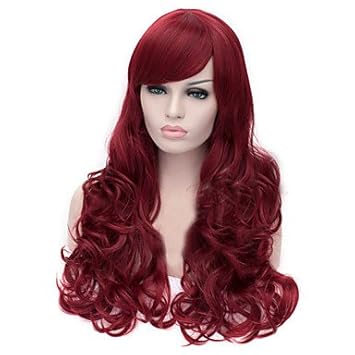 Ghhpo The New Cartoon Color Wig Dark Red Inclined Bang Curly Hair
