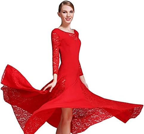Lace Modern Dance Waltz National Standard Tango Ballroom Skirt One Piece Costume Red
