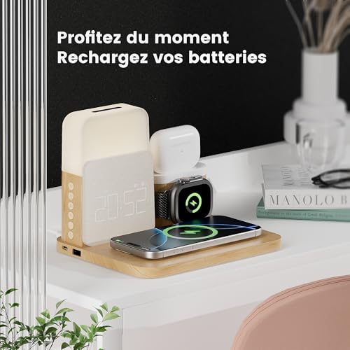 COLSUR 7 in 1 Induction Charger for Apple Watch iPhone AirPods, Samsung Charging Station, Bedside Lamp, Touch Room, Alarm Clock, Phones Accessories Wireless 17/16/15/14/13, Room Decoration