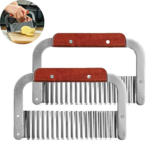 2 Pack Crinkle Cutter for Veggies - Stainless Steel Wavy Potato Chopper Knife w/Wooden Handle - Crinkle Sweet Potato French Fries Slicer Cut Tool for Chopping Carrots, Cucumber, Soap Cutting