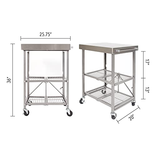 Origami Stainless Steel Cart on Wheels, 3Tier Foldable Rolling Cart